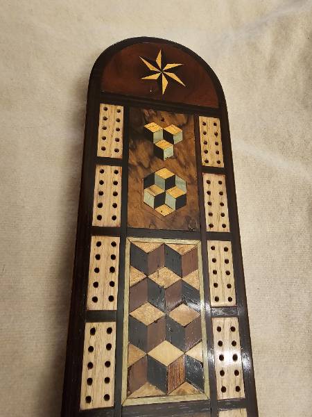 Superb Large Victorian Tunbridgeware Cribbage Board on Brass Feet